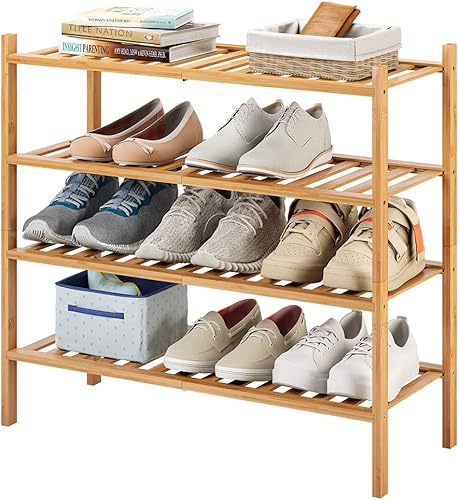 Miniatura 94 de Zapatero de bambú de 2 niveles para entrada, apilable, resistente, multifuncional, zapatero independiente para dormitorio, pasillo, armario Natural