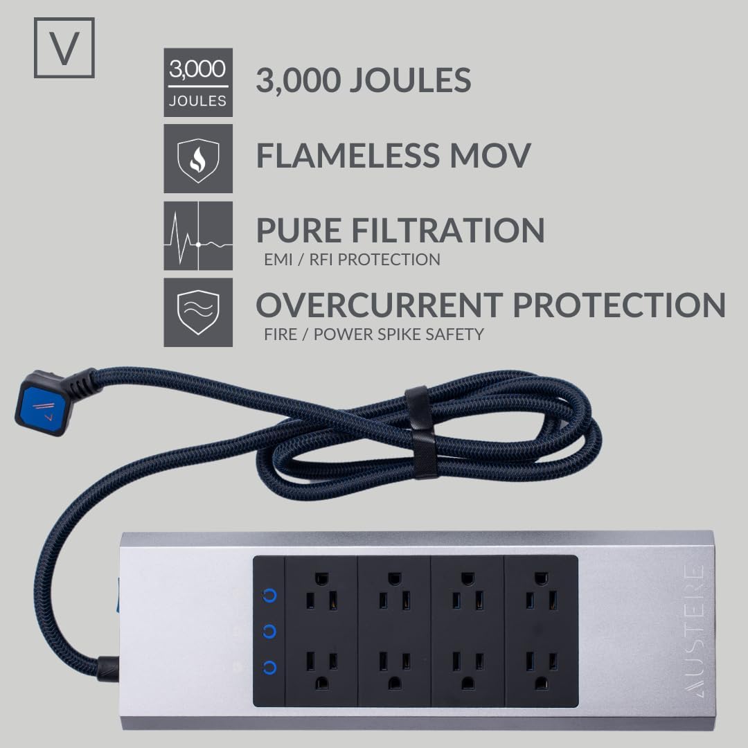 Brushed Aluminum 8-Outlet Power Strip with USB Ports