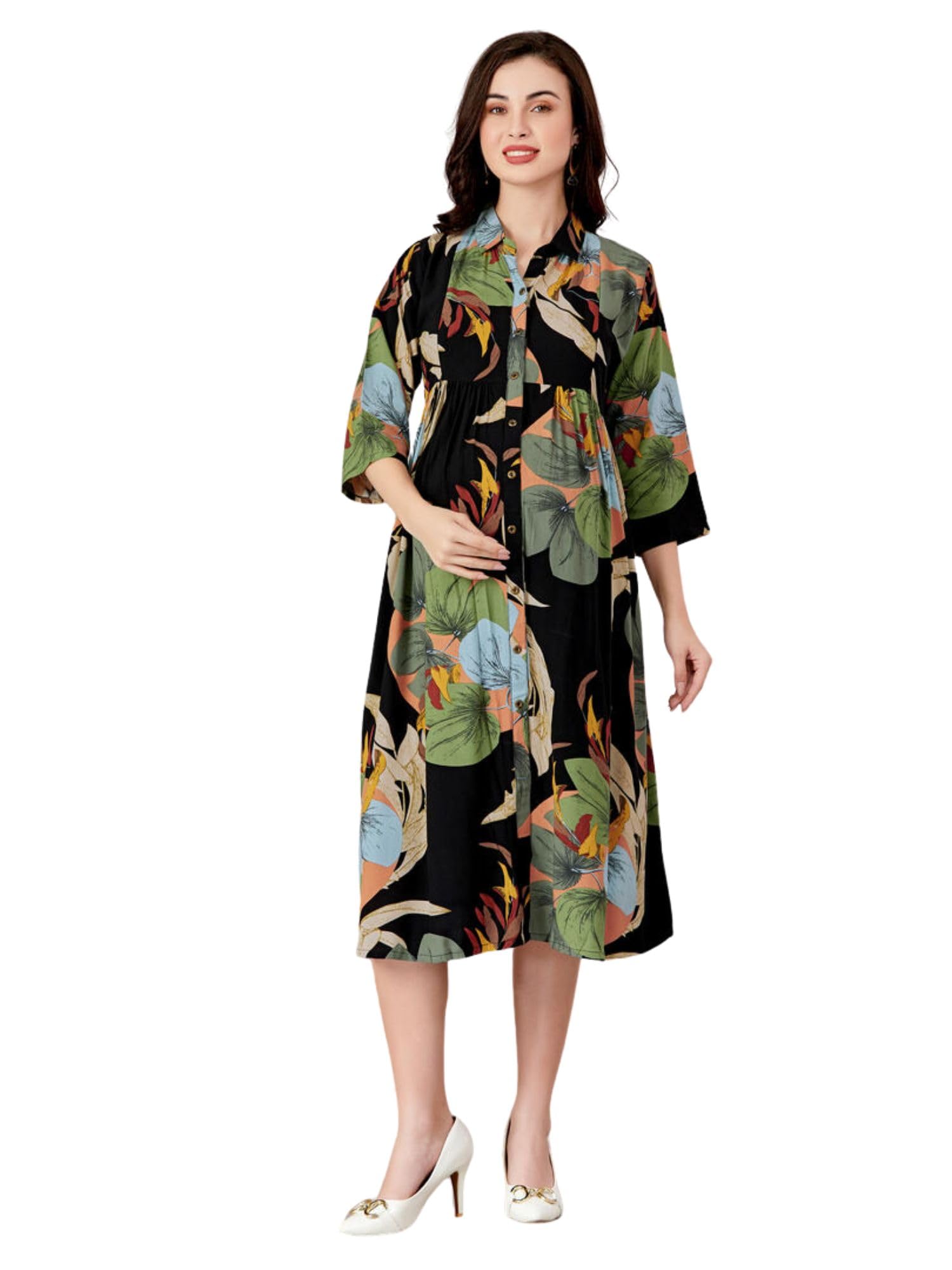 lovely mom's Multi-Leaf Printed Rayon Maternity Wear | Button & 2-Sided Zipper with 3/4 Sleeve for Nursing Easy Breastfeeding Dress for Pre & Post Pregnancy Women's-picture-16