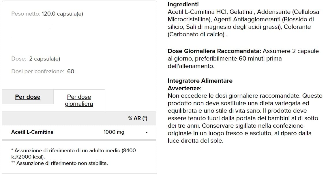 Acetyl Carnitine 1000 mg 120 capsule - brucia grassi dimagrante
