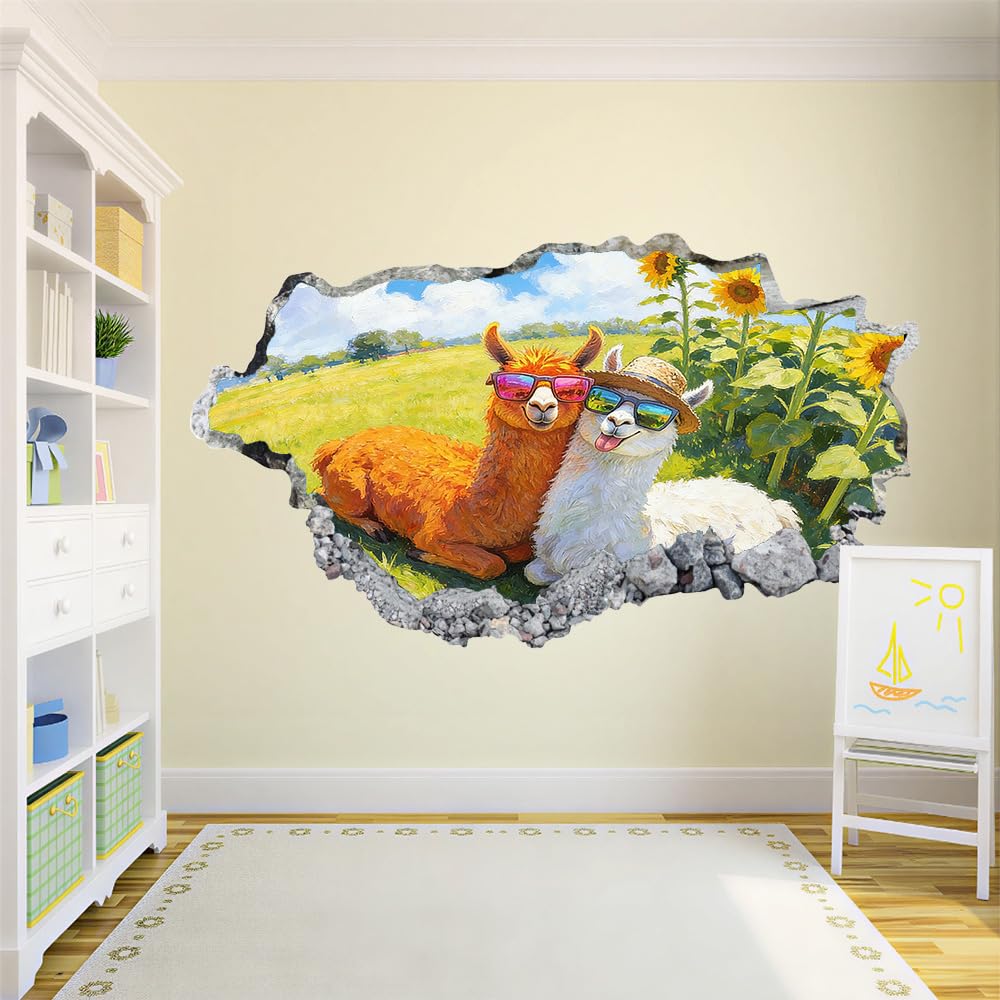 3D Wandtattoo Durchbruch Wanddeko Alpaka-Sonnenblume Wanddurchbruch sticker Wandbild Wandsticker Grasland-Naturlandschaft Wohnzimmer Wanddeko Wandaufkleber für Kinderzimmer Mädchen Teenager Zimmer