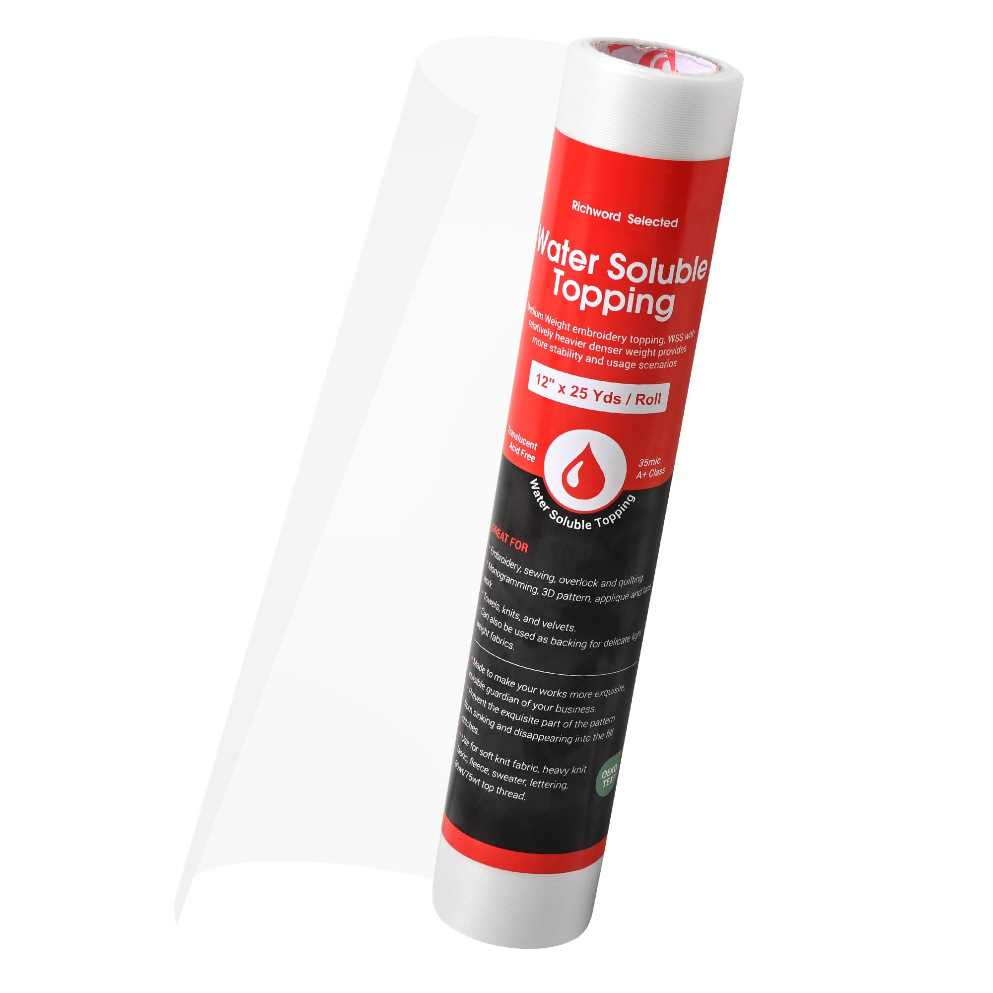 Richword Selected Stabilisateur et film de finition hydrosoluble, 30,5 cm x 22,8 m, compatible avec la plupart des cadres à broder, 35 µm, léger, pour broderie machine et couture à la main