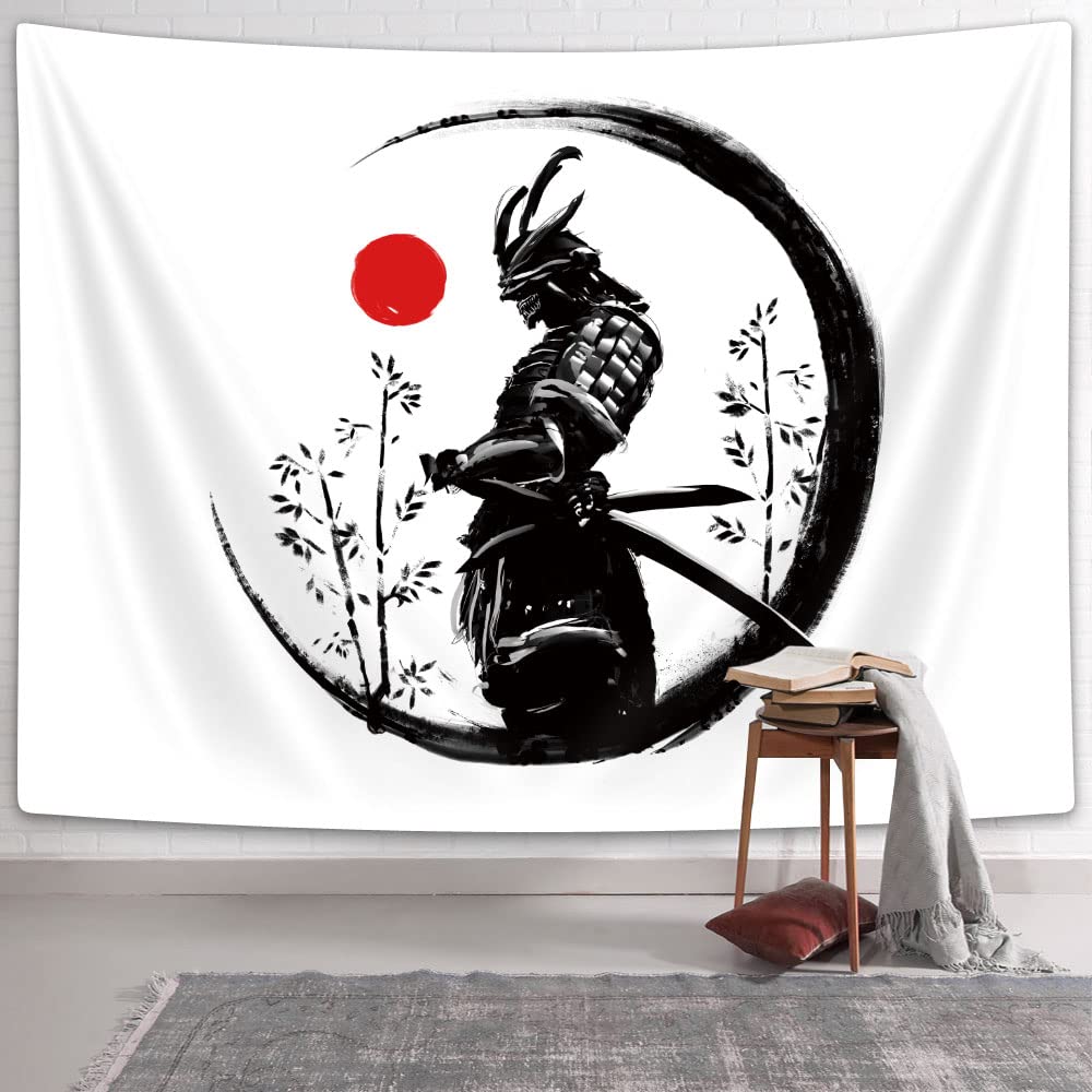 Moyrisou Japanese Samurai Tapestry Wall Art Hanging for Boys Men Bedroom, Japan Anime Cool Tapestries Wall Decor for Guys, Black and White Asian Chinese Red Sun Poster Wall Tapestry for Home Dorm