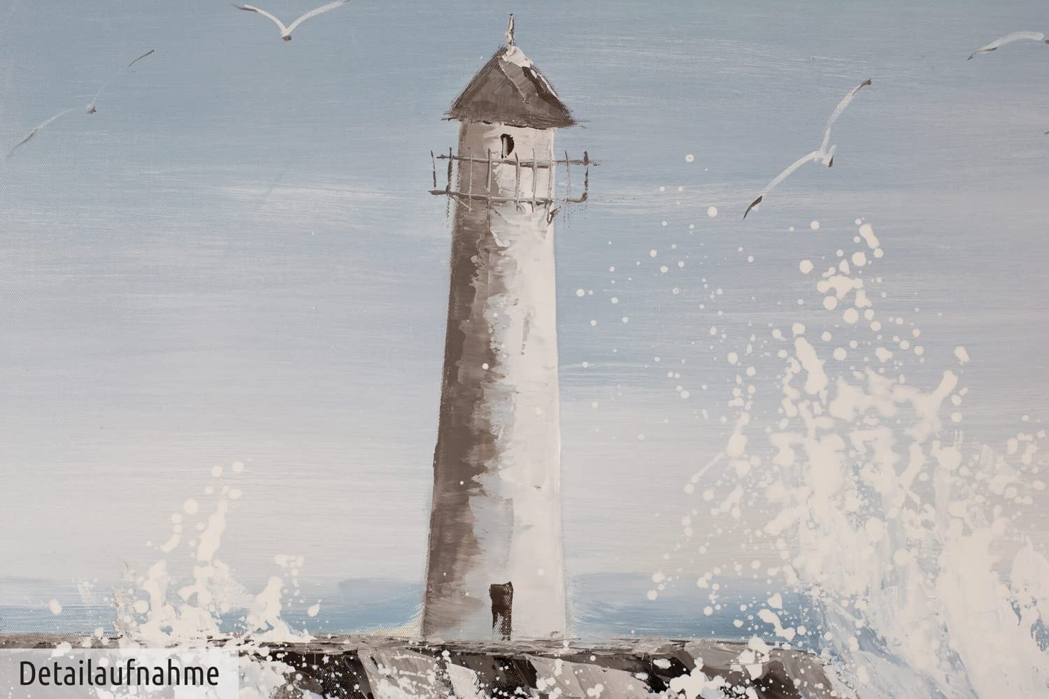 KunstLoft Tableau peinture moderne | 100% PEINT À LA MAIN | 150x50cm | Peinture sur toile 'Phare en vue' | Phare | Bleu Blanc | Deco murale salon