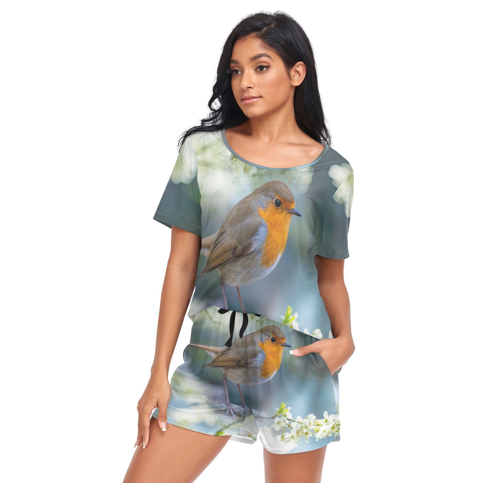 Youjuner Women's Multicolor Pyjamas Sets For Red Robin Bird Short Sleeve Sleepwear Summer Loungewear Set Pjs Nightwear Set
