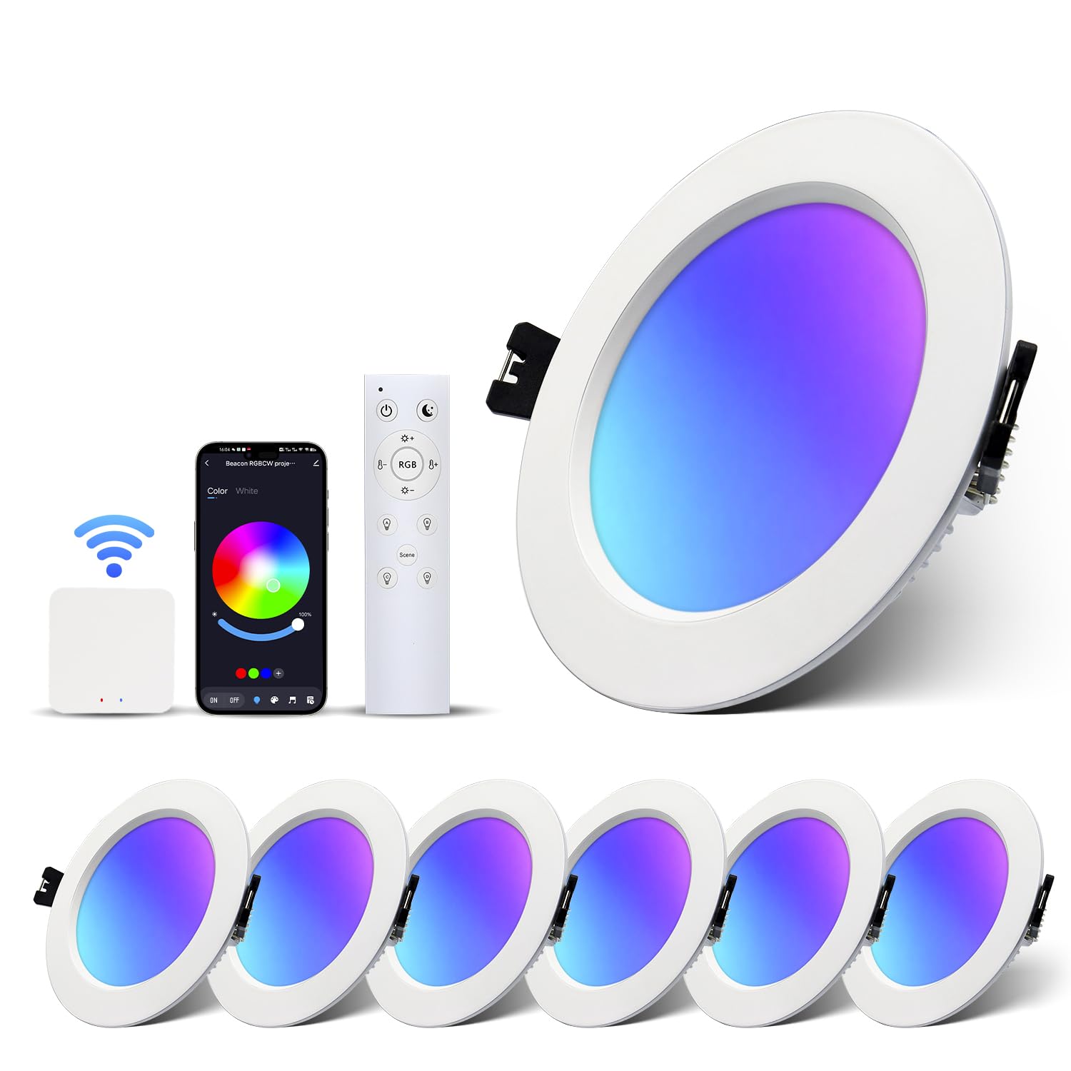 Downlight LED Empotrable RGB Alexa 10W, Ojos de Buey para Techo 2700K-6000K, Smart Foco Bluetooth, Control Inteligente Con Aplicación con pasarela inteligente y mando a distancia, Juego De 6