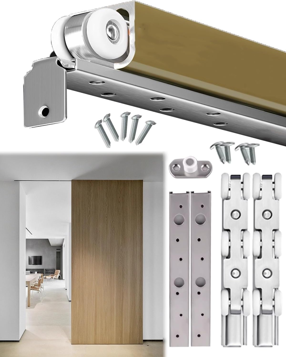 3FT 4FT 4.5FT 5FT 5.5FT 6FT Sliding Door Hardware Kit, Heavy Duty Barn Door for Bypass Door/Cabinet Door, Wall Mount Pocket Door Track Champagne Gold(13.8ft/4.2m)