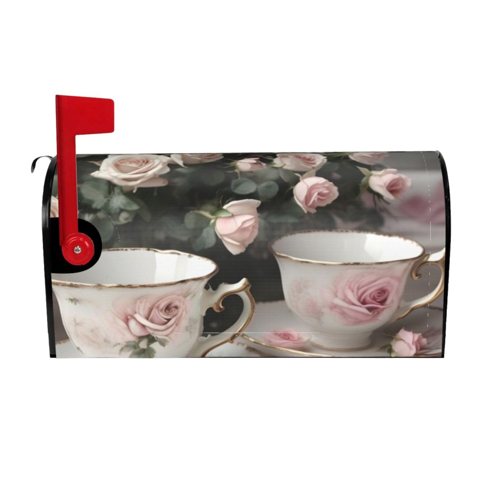 Tea Cups With Roses Romantic Shabby Print Mailbox Cover Wraps Post Letter Box Cover Decor For Outside Garden Yard Farmhouse Home