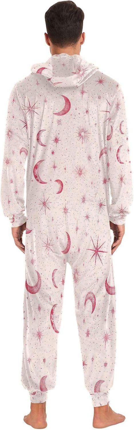 Pink Star Moon Adult Onesie Pajamas Novelty One Piece Costume Sleepwear Jumpsuits Matching PJS