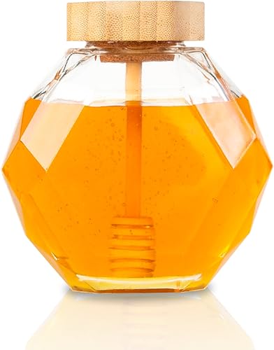 TIMUR HOME KITCHEN - Tarros de miel de vidrio de 12 onzas con tapa hexagonal hermética, tarro de miel con tapa de madera natural y recipiente