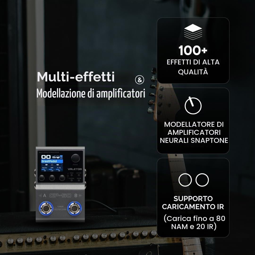 Valeton GP-50 SnapTone processore multieffetto per chitarra con Neural Amp Modeler, IR Loader, interfaccia audio USB, drum machine, looper, Bluetooth, 100+ effetti