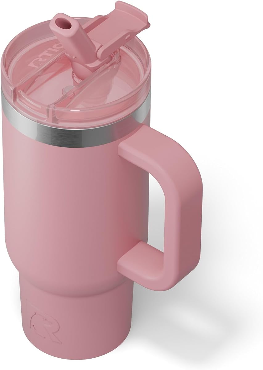 Vaso RTIC Little Road Trip de 16 oz, tapa con pajita y asa, Dusty Rose | Metal de acero inoxidable, taza de viaje aislada para bebidas frías y calientes, café, coche, camping, forrado de cerámica, a prueba de fugas