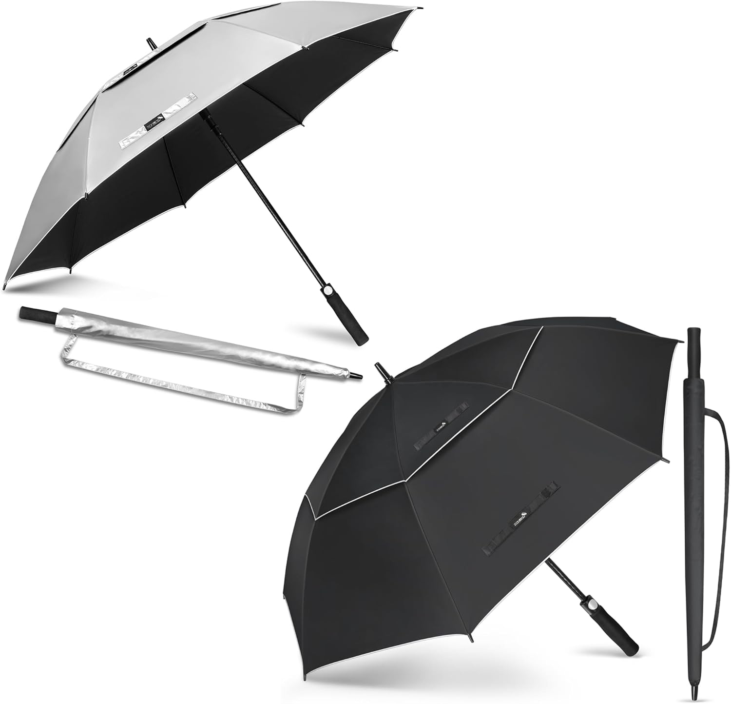 ZOMAKE 62" Large Golf Umbrella UV Protection - Double Canopy Vented Golf Umbrellas Oversize for Rain Windproof Automatic Sun Blocking Umbrella Golf Push Cart Umbrella XXL for Men(Silver Black&Black)