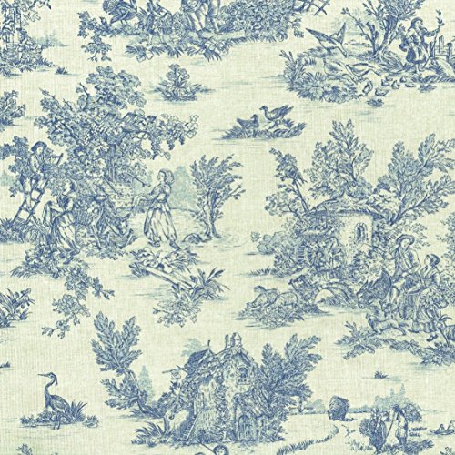 Textiles français Tissu de Coton imprimé - Toile de Jouy | La Vie Rustique - Bleu Oxford (Fond: Aspect Lin) | Largeur: 155 cm (par Mètre Linéaire)*