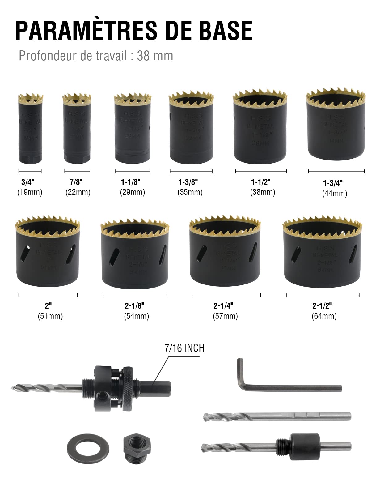 BINOTA Scie Cloche Bi-Métal M42, Kit 19-64 mm, pour Métal, Bois, Contreplaqué, PVC, Panneau de Fibres, Plaques de Plâtre, Ensemble 19 22 29 35 38 44 51 54 57 64mm