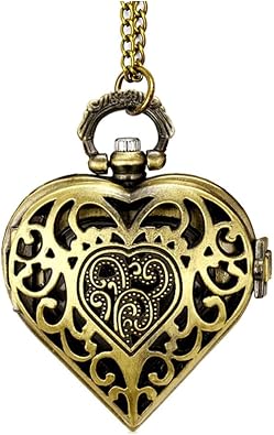 VIGOROSO Womens Pocket Watch, Analog Display, Quartz Movement, Silver Stainless Steel, Heart Pendant Necklace, Unisex Accessory, Valentines Day Gifts