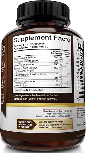 Miniatura 7 de NutriFlair Glucosamina condroitina cúrcuma MSM Boswellia, 180 cápsulas  Suplemento de comodidad para las articulaciones  Natural y sin OMG