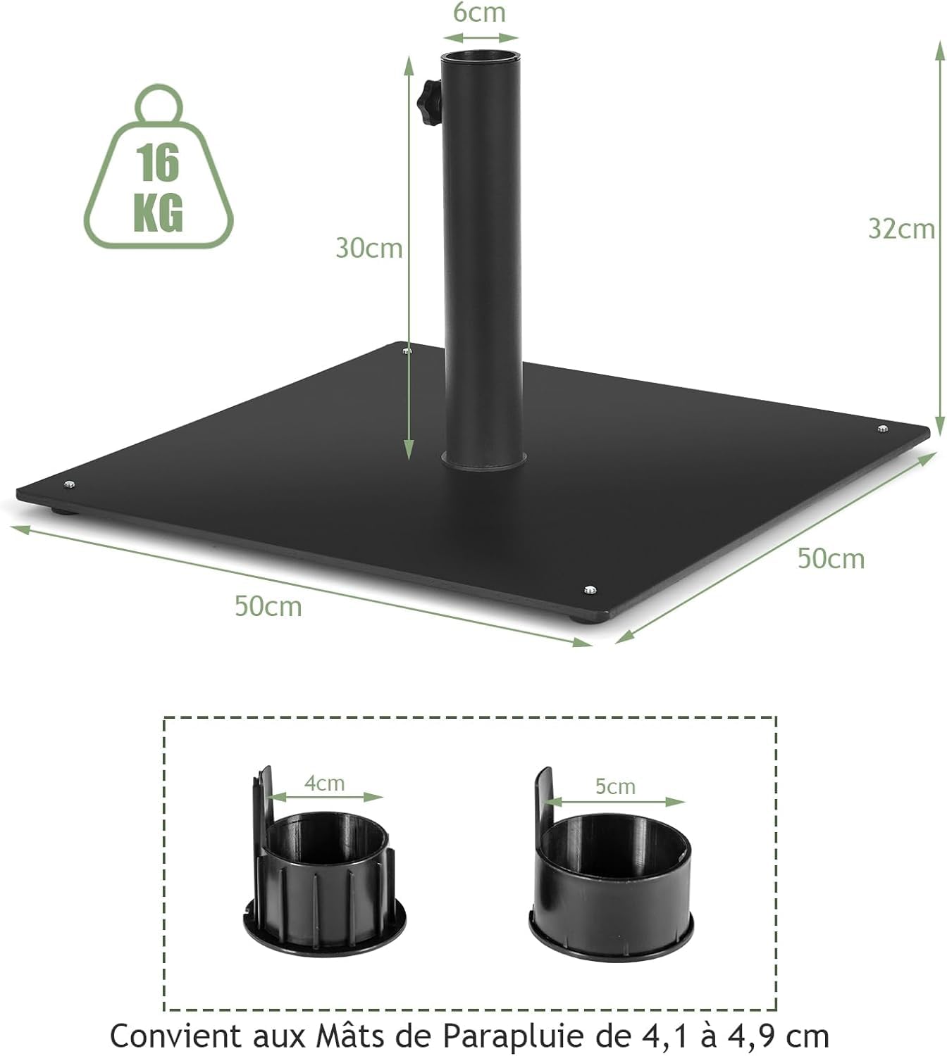 GOPLUS Pied de Parasol en Métal Robuste, Support de Parasol Carré avec Bouton Rotatif, Convient pour Mâts Φ 41/49 MM, pour Jardin, Terrasse, Plage (Noir)