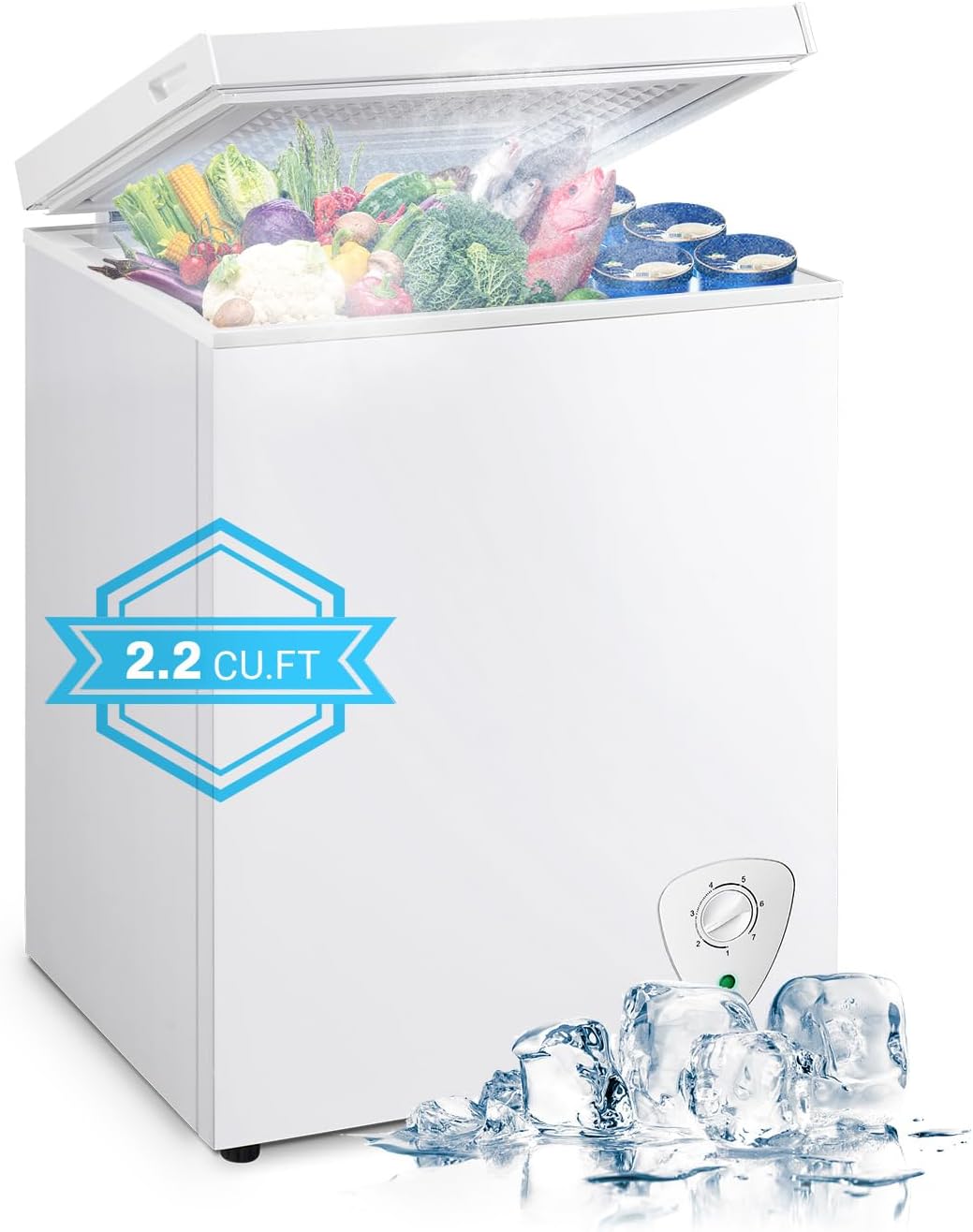 Small Chest Freezer, 2.2 Cubic Feet Mini Deep Freezer Chest with Basket Adjustable 7 Temp Control, Top Open Door Compact Freezer With Removable Basket For Dorm, Apartment, White