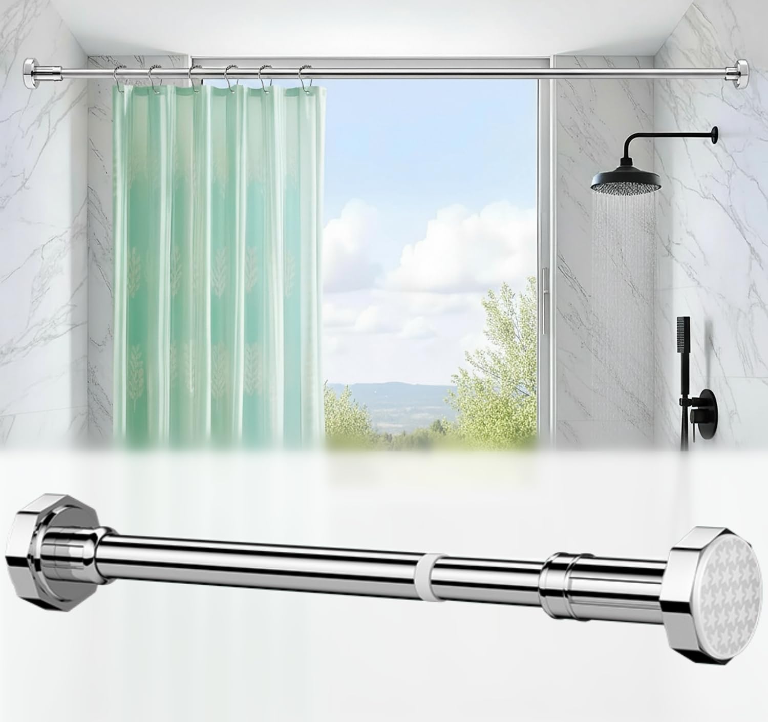 Shower Curtain Rod (130-230cm) No Drill – 304 Stainless Steel Adjustable Telescopic Tension Pole with Non-Slip Base, Extendable Curtain Rod for Bathroom, Wardrobe & Windows