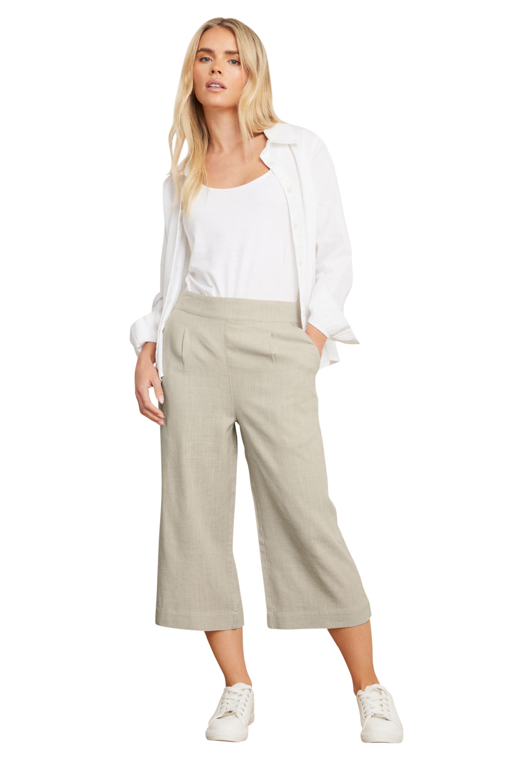 M&Co Women's Medium Beige Cropped Wide Leg Linen Trousers In | Size: 18