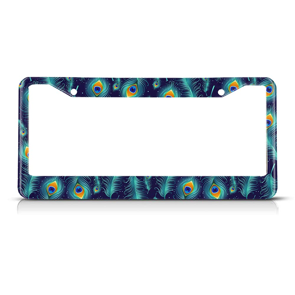 Beabes Green Blue Peacock Feather License Plate Frame Beautiful Animal License Plate Holder Bird Car Tag Frame License Plate Cover Car Accessories 2 Holes Novelty Auto Car Tag Vanity Gift
