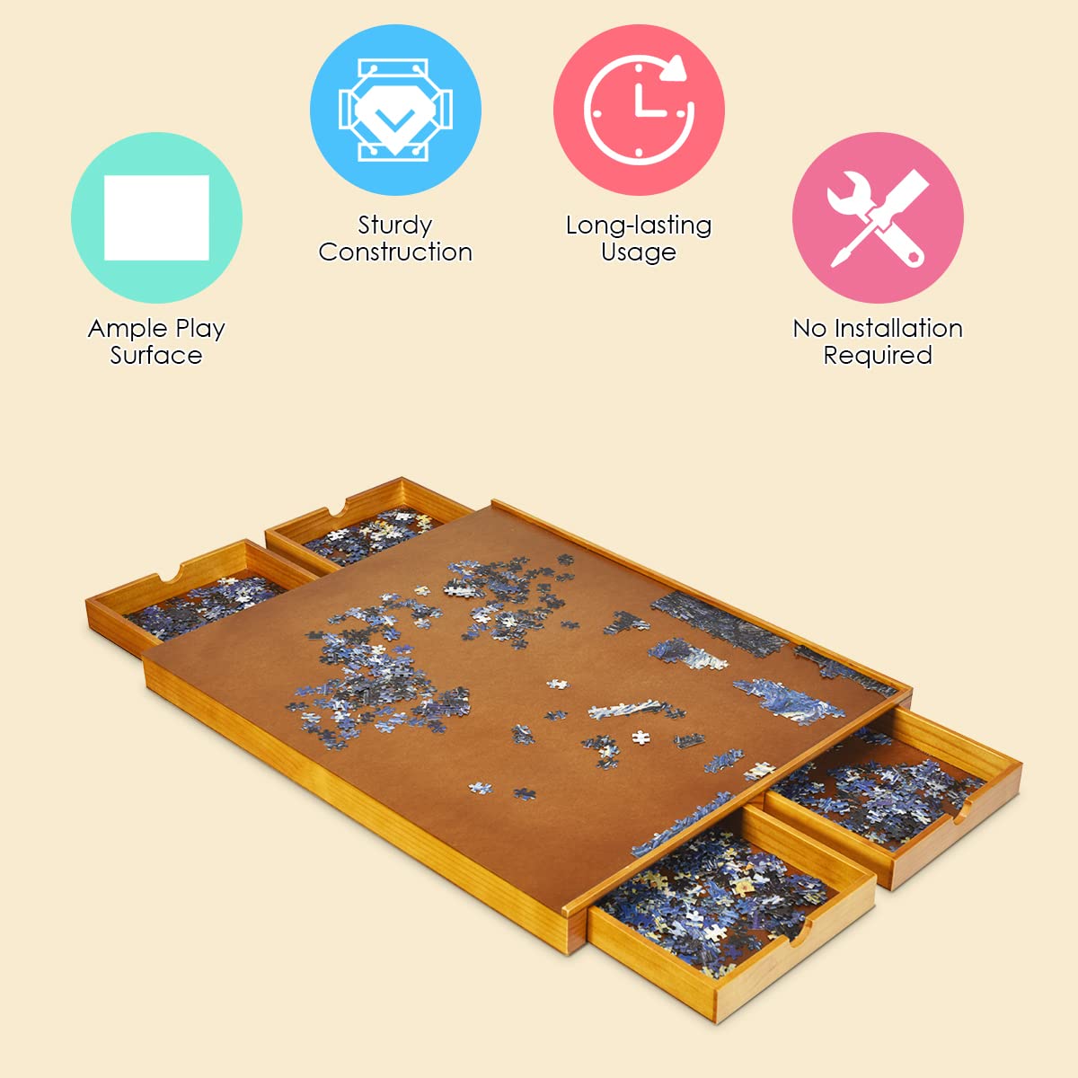 LIFEZEAL Klasyczny stół do puzzli z 4 szufladami, drewniana deska do puzzli 80x65 cm, taca na puzzle z gładką powierzchnią na 1000-1500 elementów, mało miejsca i łatwe przechowywanie