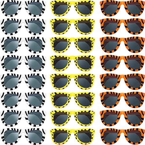 Pack of 24 Animal Print Sunglasses Jungle Sunglasses Zoo Animal Glasses Safari Kids Sunglasses Party Favor Wild Girl Boy Eyewear, Tiger, Zebra, Cheetah Glass for Birthday Summer Beach Theme Party