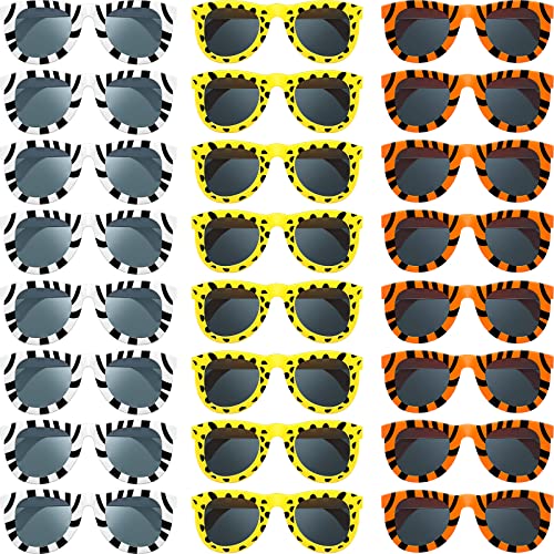 Pack of 24 Animal Print Sunglasses Jungle Sunglasses Zoo Animal Glasses Safari Kids Sunglasses Party Favor Wild Girl Boy Eyewear, Tiger, Zebra, Cheetah Glass for Birthday Summer Beach Theme Party