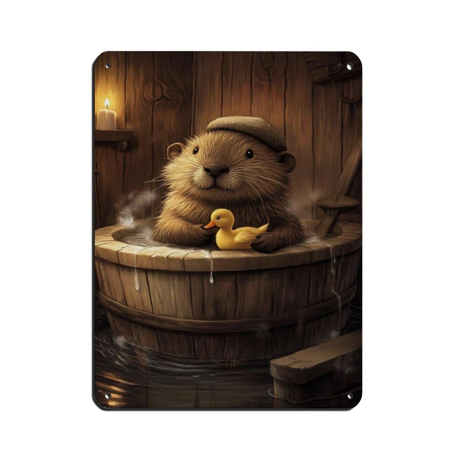 Lxwnze 30L X 40W Cm Cute Otter, Baby Otter With Rubber Duck Tin Sign Vintage Metal Pub Club Cafe Bar Home Wall Art Decoration Poster Retro 12X16inch(30X40cm)