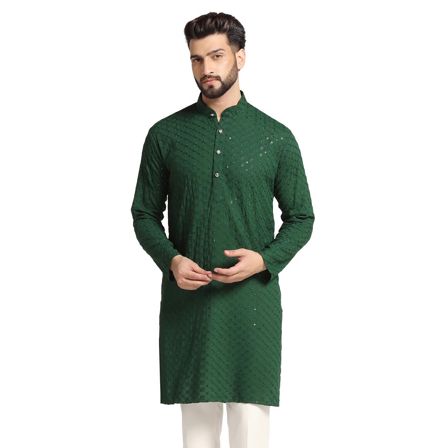AHHAAAA Cotton Mens Tunic Shirt Ethnic Full Chikankari Sequin Embroidery Mirror Work Straight Kurta for Men