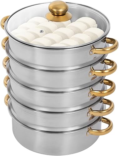Ollas de vapor de acero inoxidable de 5 niveles, olla de cocción al vapor con asas y tapa de vidrio, ollas para cocinar verduras, albóndigas y