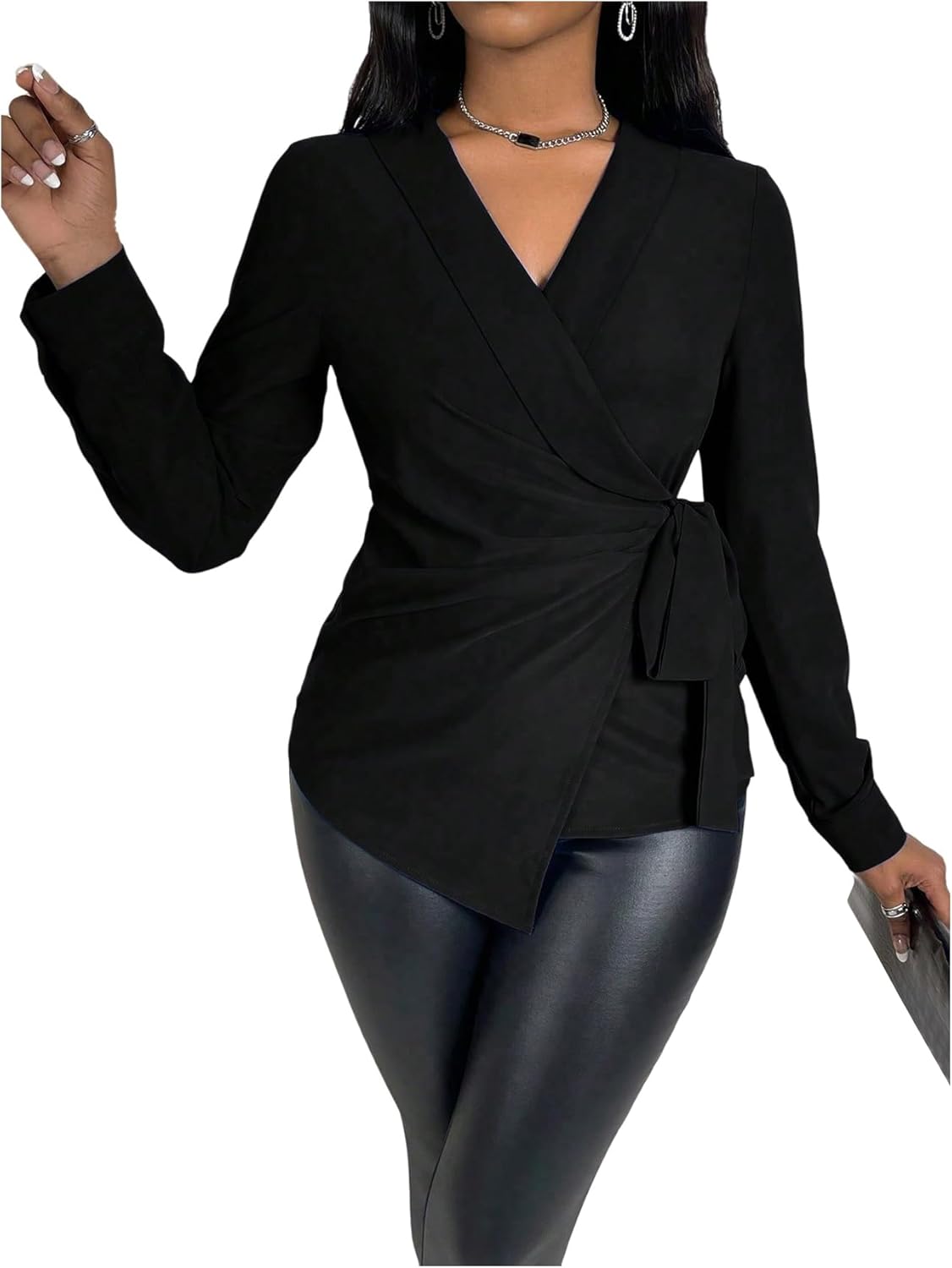 MakeMeChic Women's Wrap Tops V Neck Blouse Business Dressy Shirt Tie Side Long Sleeve Going Out Top