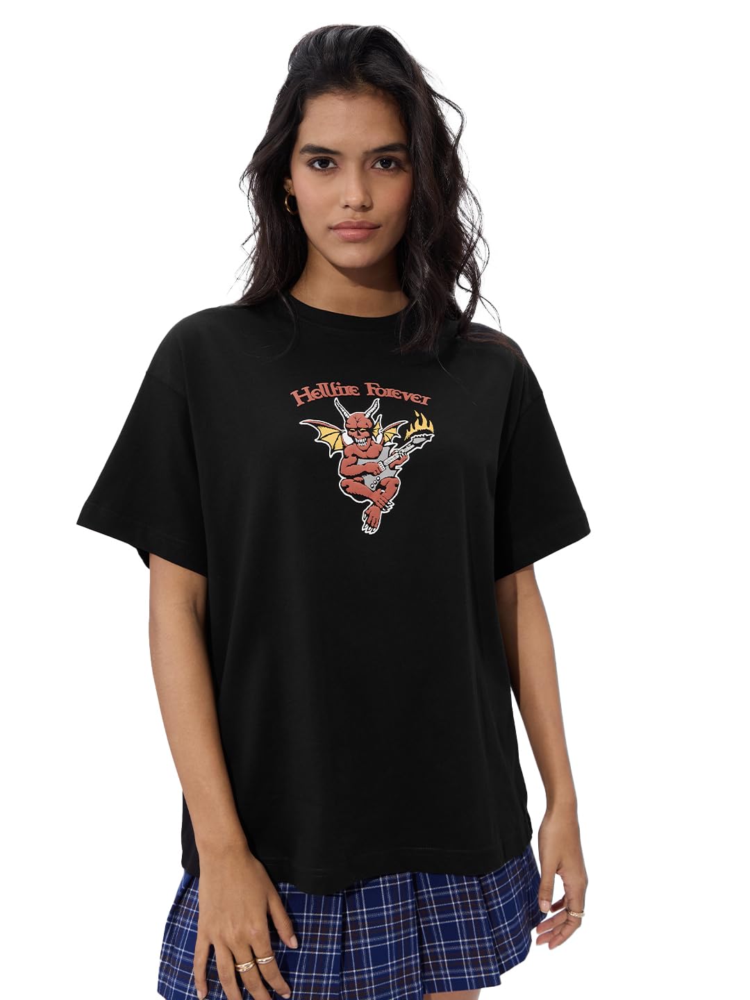 The Souled StoreStranger Things: Hellfire Women and Girls Short Sleeves Round Neck Black Graphic Printed Cotton Oversized T-Shirts