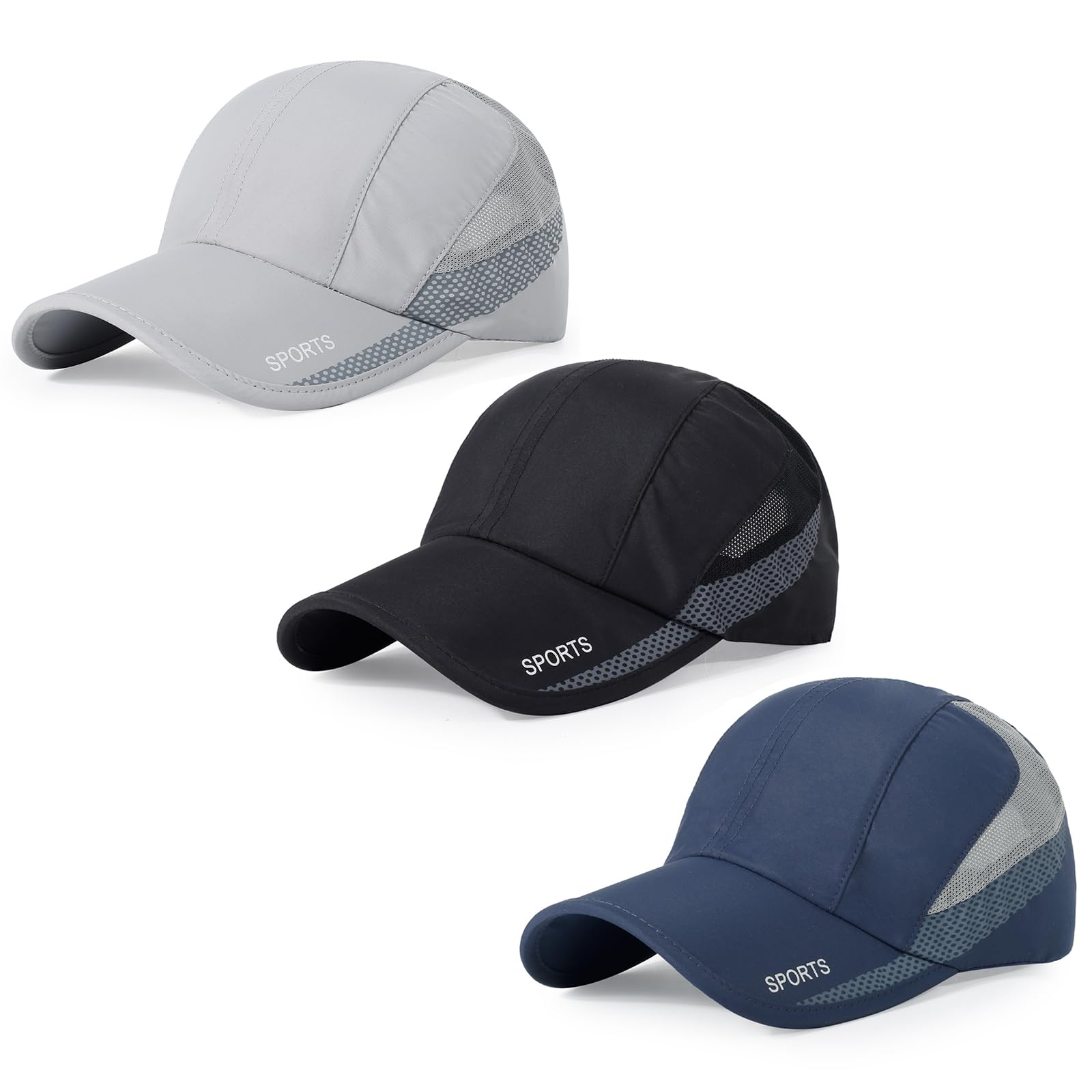 Quick Dry Cap Lightweight Running Hats Outdoor Airy Mesh Adjustable Sports Sun Hat UV Protection Hat for Men Women, #3 Light Grey+black+navy, One size