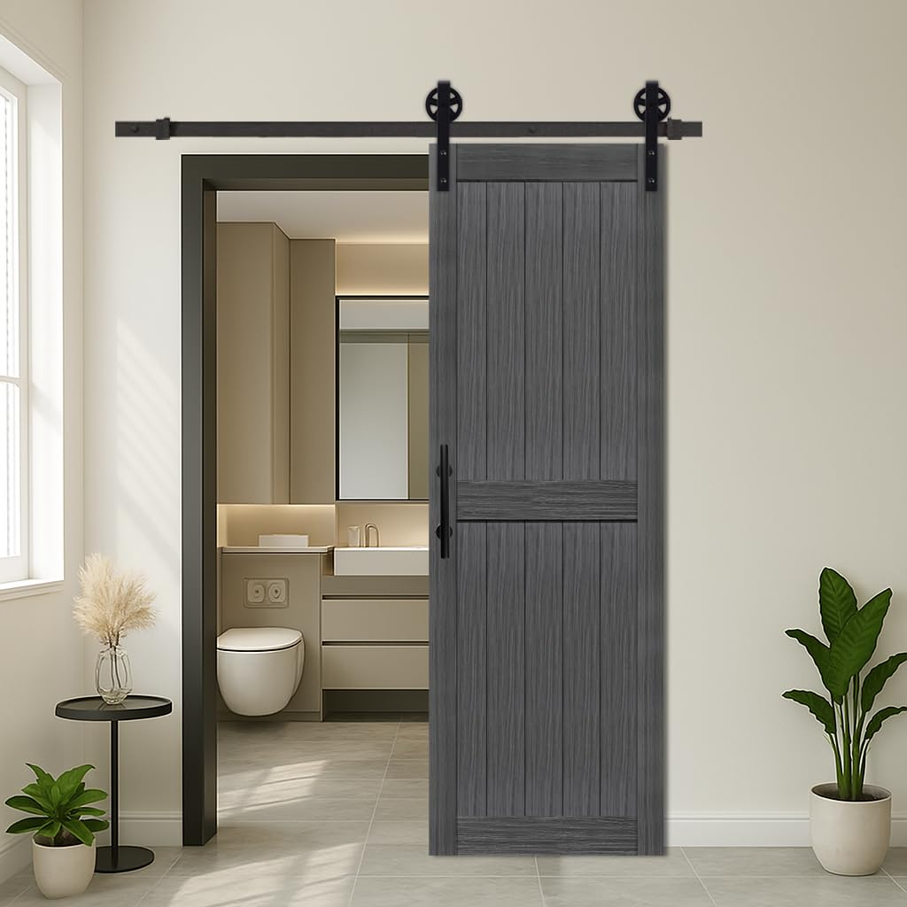 S&Z TOPHAND® 24in x 84in MDF Deep Gray Barn Door with 4FT Sliding Door Hardware Kit, 24-60in Solid Barn Door Slab Covered with Water-Proof PVC Surface, Simple Assembly is Required(Big Wheel)
