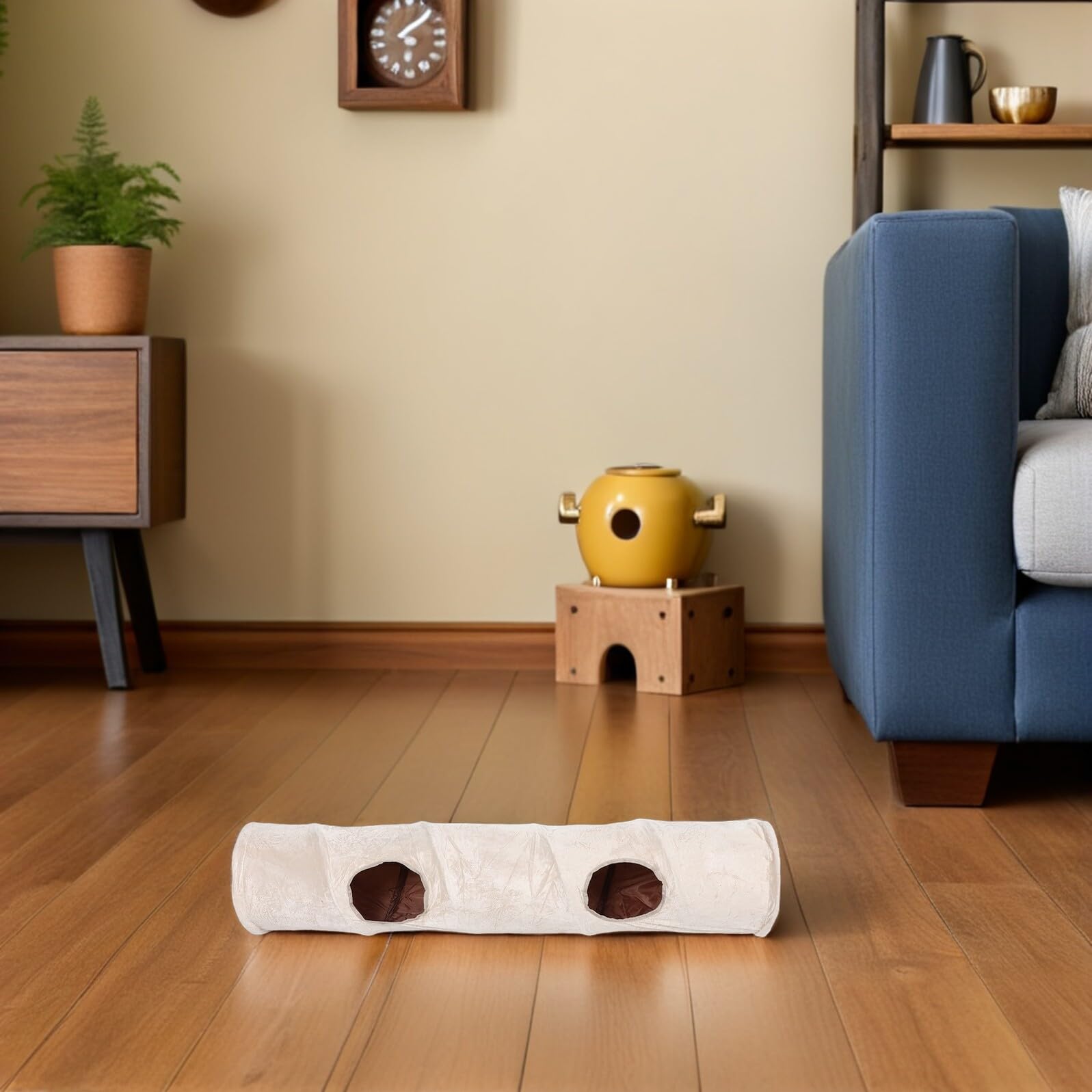 Túnel para Gatos Pequeño Beige con Dos y Bola Cueva para Jugar Esconder y Descansar Refugio Interior para Gatos y Animales Pequeños