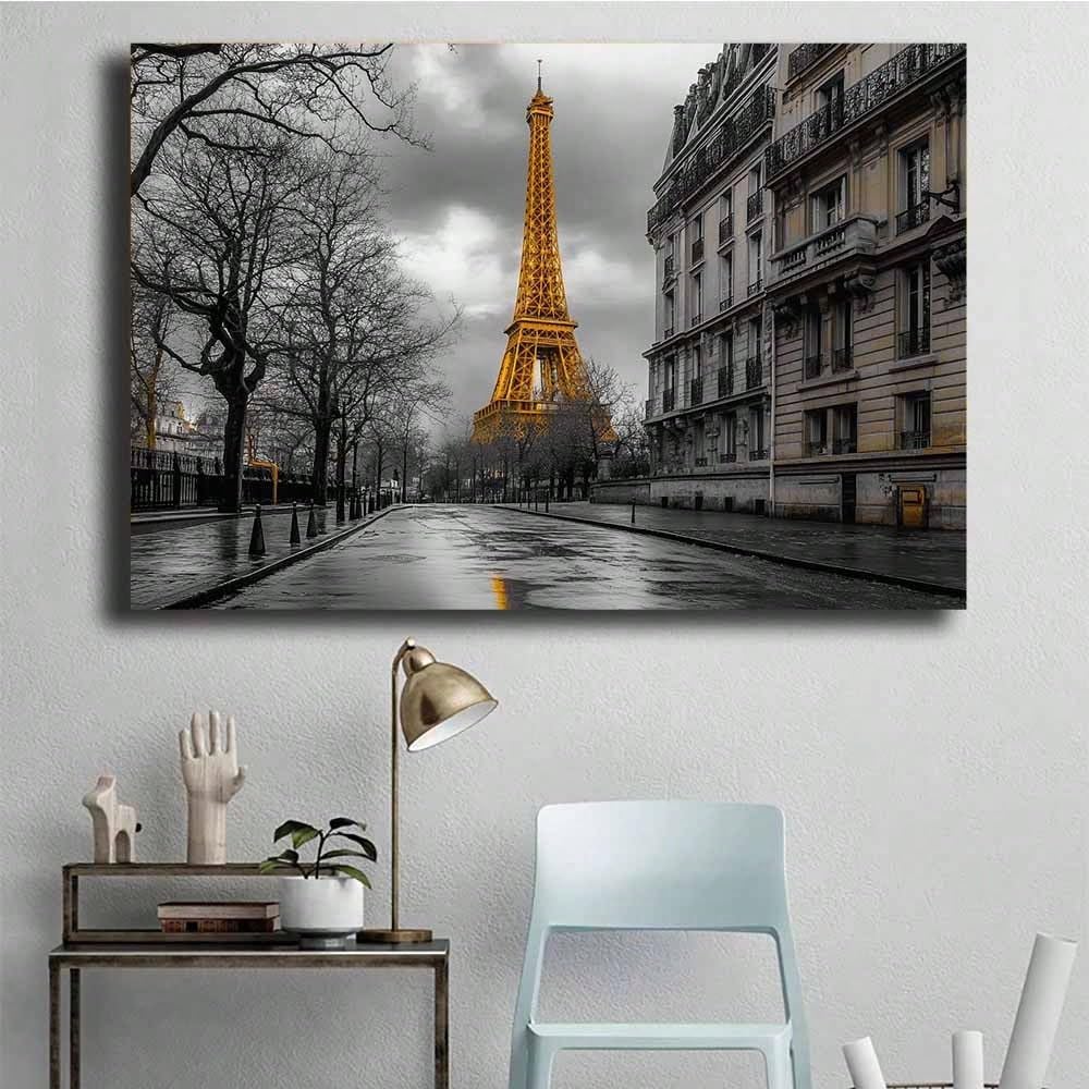 Cuadro decorativo de la Torre Eiffel amarilla, póster de una calle parisina lluviosa, láminas de paisajes urbanos, imágenes modernas para la decoración del hogar (70x100cm/marco interior)
