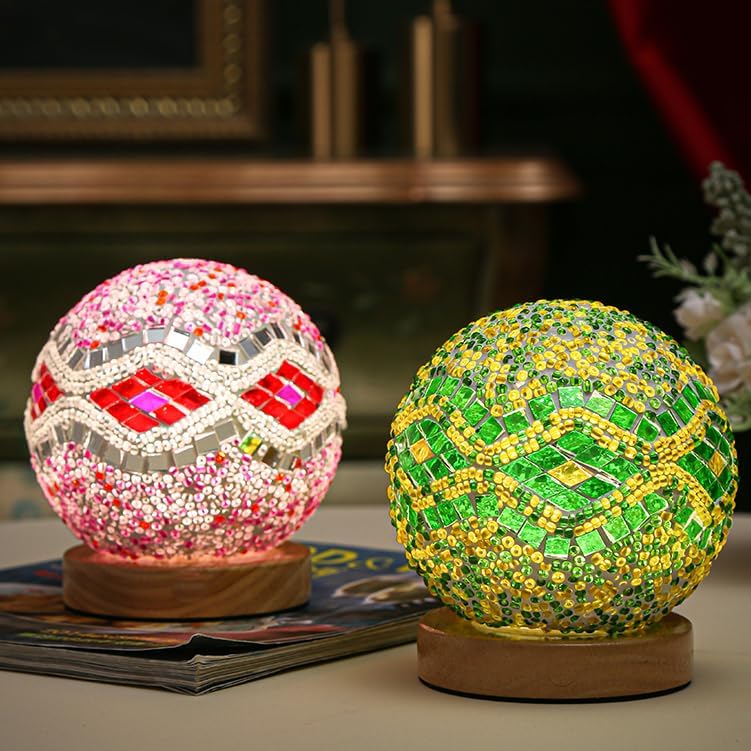 Miniatura 5 de Lámpara de mesa turca (D 4.7 pulgadas x 5.2 pulgadas de alto), lámparas de mosaico de vidrio con base de madera, lámparas de noche Tiffany bohemias,