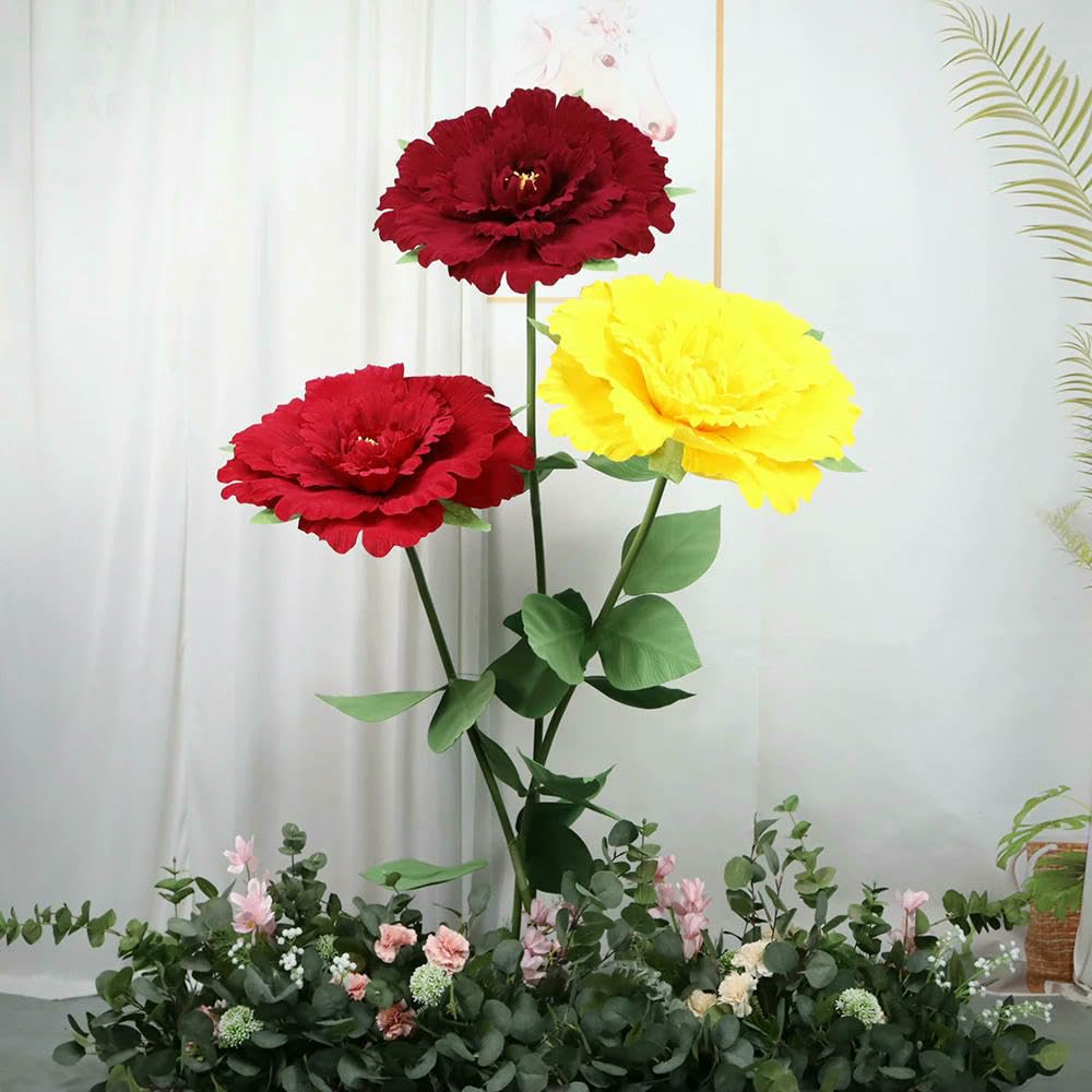 Pivoine Artificielle en Velours de Couleur Unie, Grande décoration pour Mariage, Arrangement de Fond - Rose Rouge foncé - 60 cm