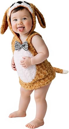 UQJE Baby Dog Costume Furry Toddler Puppy Costume Halloween Cute Plush Dog Dress Up Kids Animal Costumes