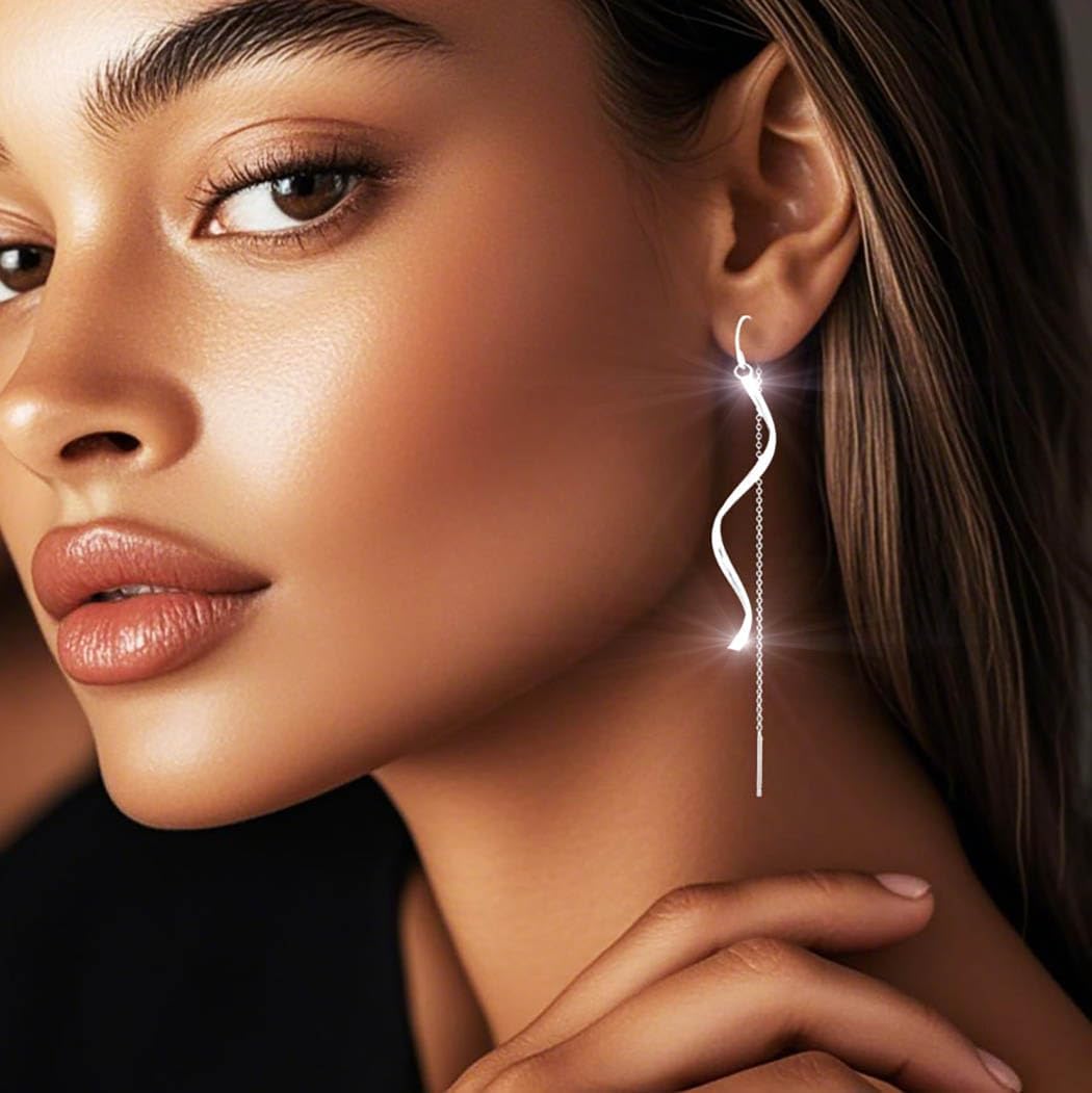 Campsis Silver Threader Dangle Earrings, Bridal Curved Drop Earrings, Long Chain Tassel Earring for Women - Image 3