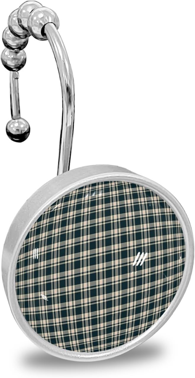 Buffalo Plaid Shower Curtain Hooks, Stripes Superposition Black Grey 12PCS Shower Curtain Hooks Rings for Bathroom Stainless Steel Rust Resistant Shower Curtain Hangers