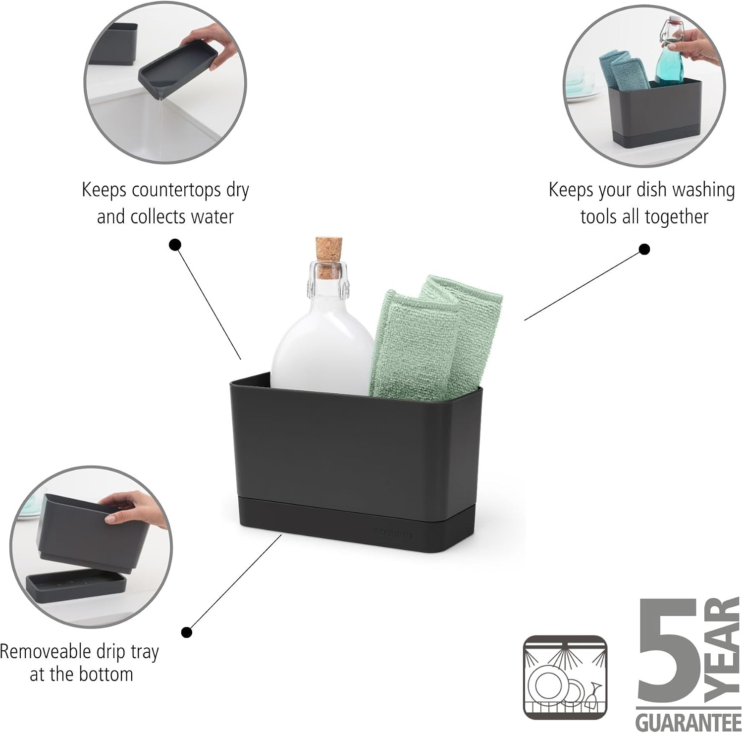 Brabantia Sink Organiser (Dark Gray) Non-Slip, Non-Scratch Kitchen Countertop Storage Caddy for Dish Brush, Soap, Cloths