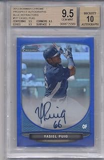 2013 Bowman Chrome Prospects Autographs Blue Refractor #BCA-YP Yasiel Puig Dodgers MLB Baseball Card (Autographed) /150 Be...