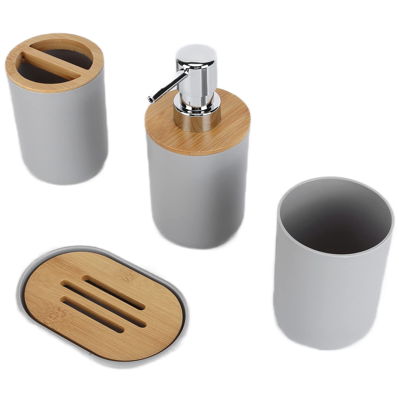 Set di 4 accessori da bagno in bambù: portaspazzolino impermeabile, porta sapone, dispenser per lozione e bicchiere per il colluttorio; set da bagno dal design moderno e liscio, (Grigio)