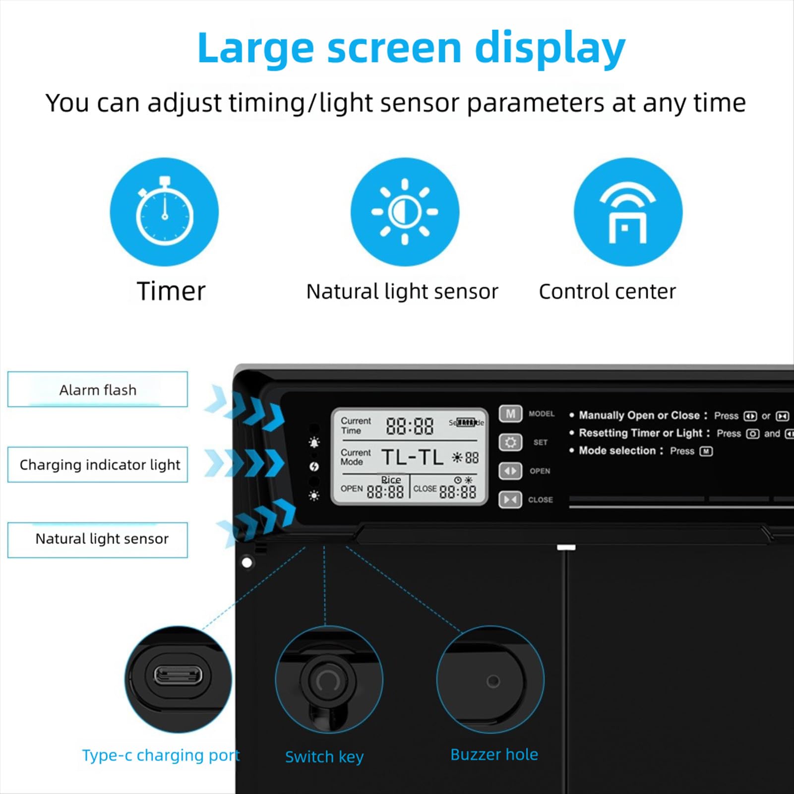 Puerta Automática para Gallinero, Aluminio con Energía Solar con Sensor de Luz, Temporizador, Control Remoto, Mecanismo Antipellizco, Alarma de Anomalía para la Seguridad de