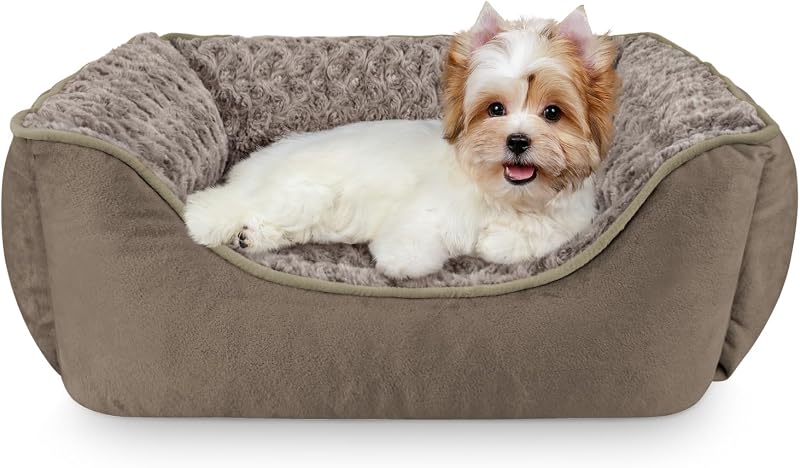 Cama Retangular para Cães JOEJOY com Laterais Elevadas, Pelúcia e Fundo Antiderrapante Marrom-escuro – 50,8 x 48,26 x 15,24 cm