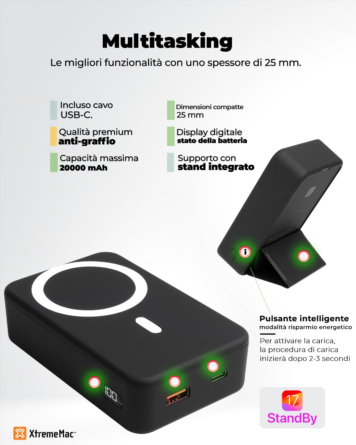XtremeMac Magsafe Powerbank 20000mAh, Batteria esterna magnetica per iPhone 15/14/13/12 serie, USB-C, USB-A e Powerbank wireless con ricarica rapida, Mini Power Bank PD 20W, Potente, Nero.