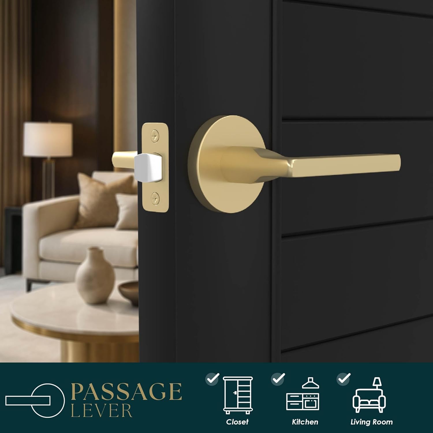 Mega Handles Ralph Passage Door Handle - 1 Pack Reversible Gold Door Handle, Heavy Duty No Lock Door Handles Interior for Closet & Hallway, Fits All Standard Door Sizes - Satin Brass